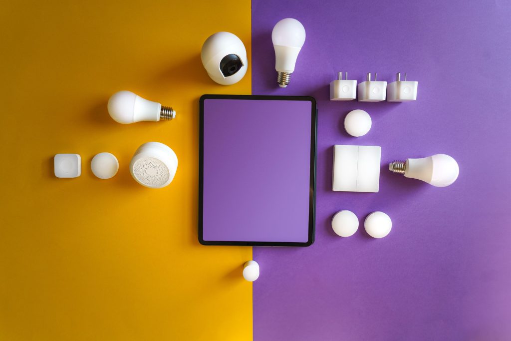 Flat lay of smart home automation devices and sensors