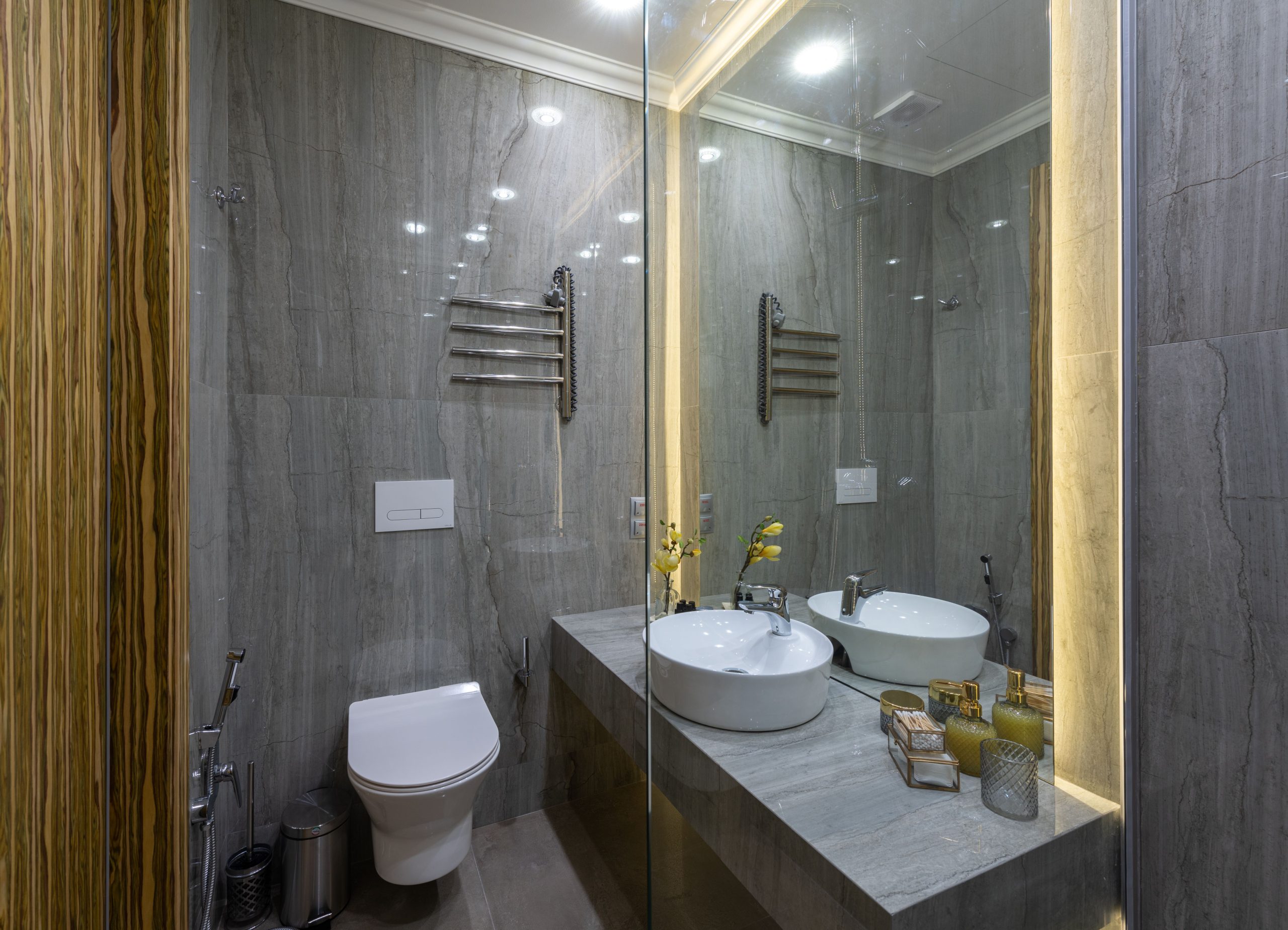Modern bathroom with a white bidet next to the sink