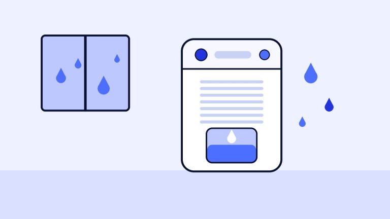 Illustration of a dehumidifier with a water tank and drops of moisture leaving the air