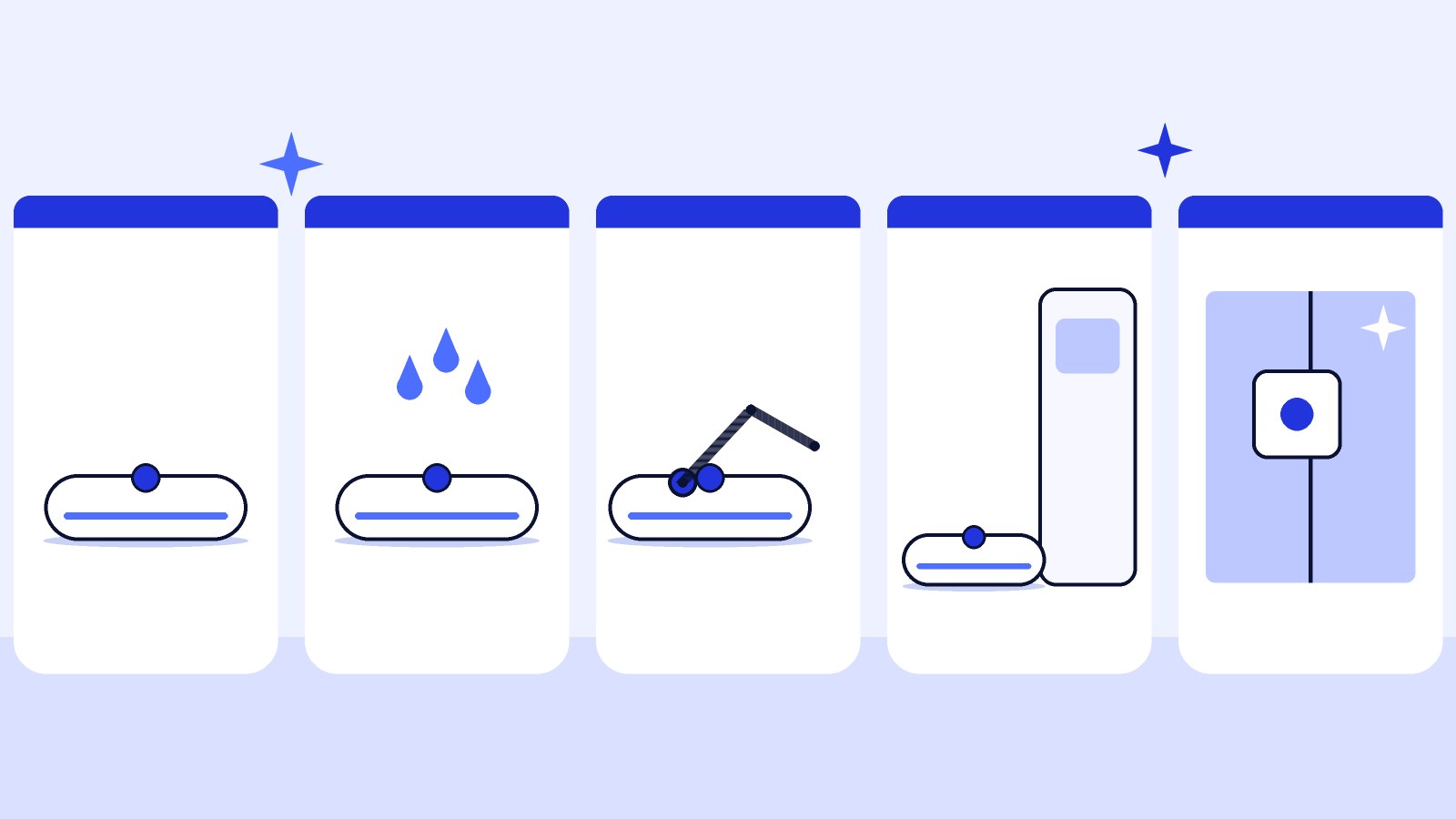 Illustration of five different kinds of robot cleaners side by side, including a vacuum, a mop, an arm model, a dock model and a window cleaner
