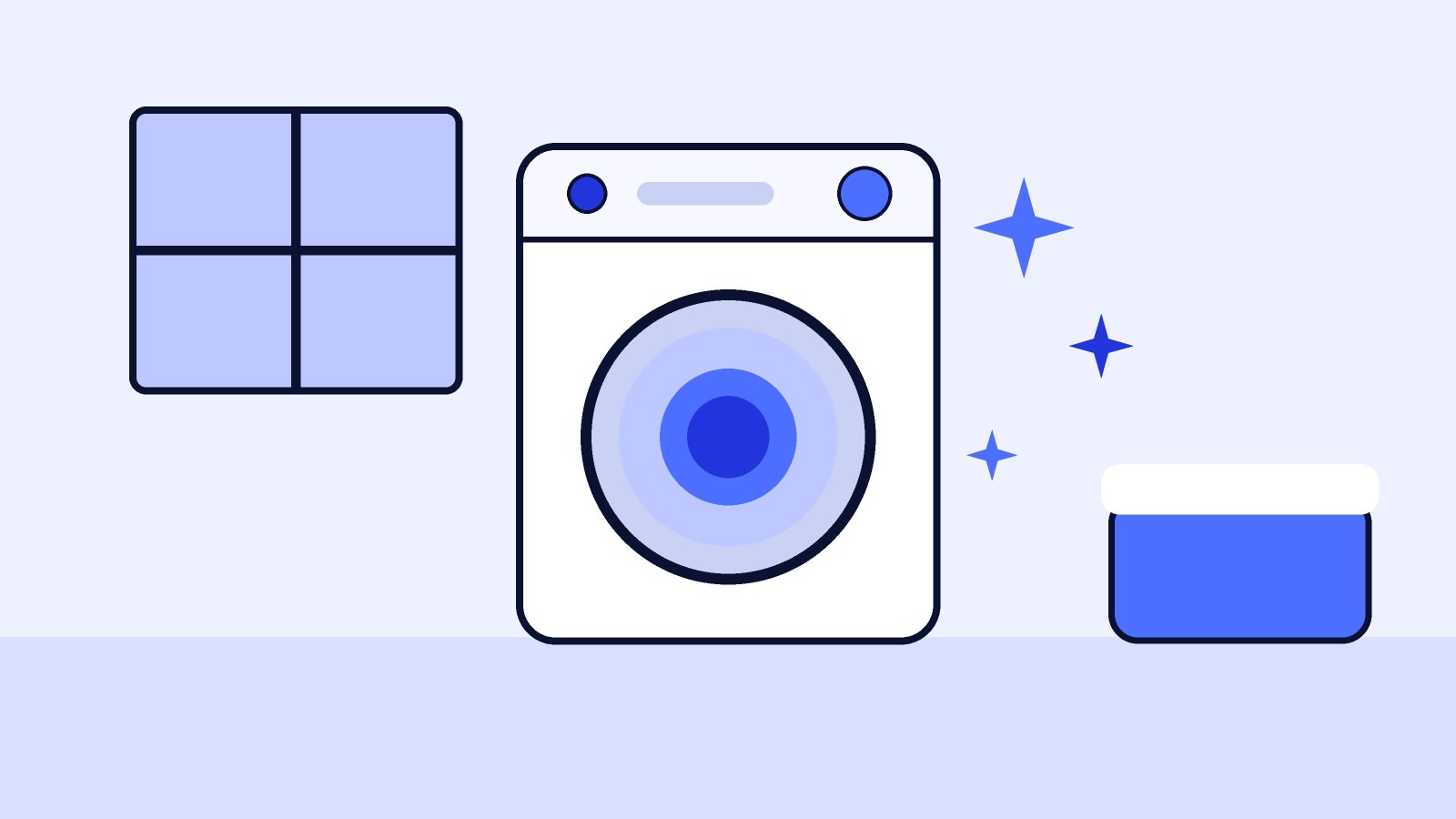 Illustration of a clean white front-load washing machine with a laundry basket beside it