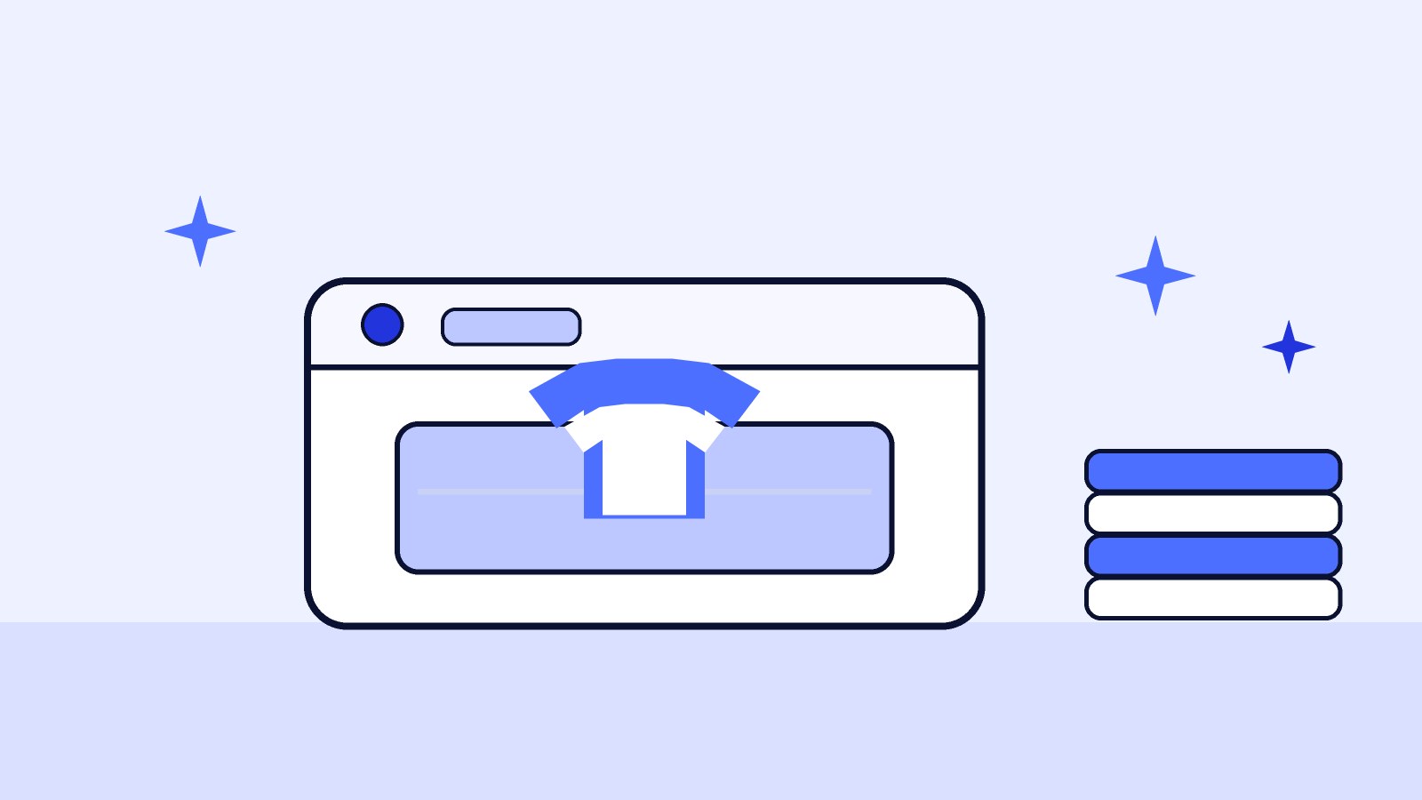 Illustration of a laundry folding machine next to a neat stack of folded shirts