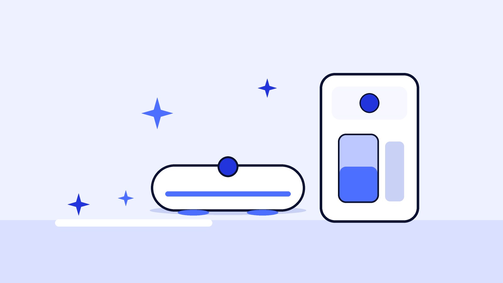 Illustration of a robot vacuum and mop next to its self-cleaning dock