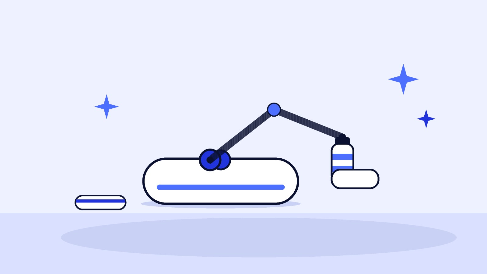 Illustration of a robot vacuum using a small robotic arm to pick up a sock from the floor
